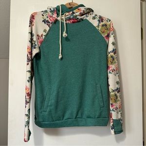 Ampersand Double Hood hoodie, size small. Teal and floral